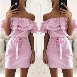 Off the shoulder pink striped dress w/belt